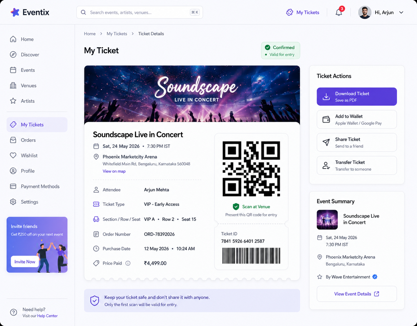 Event registration and ticketing screens with seat selection